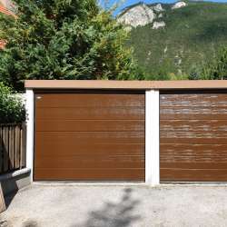 Sekcijska dvižna garažna vrata Hanus Premium | Rjava - RAL 8014 - Woodgrain